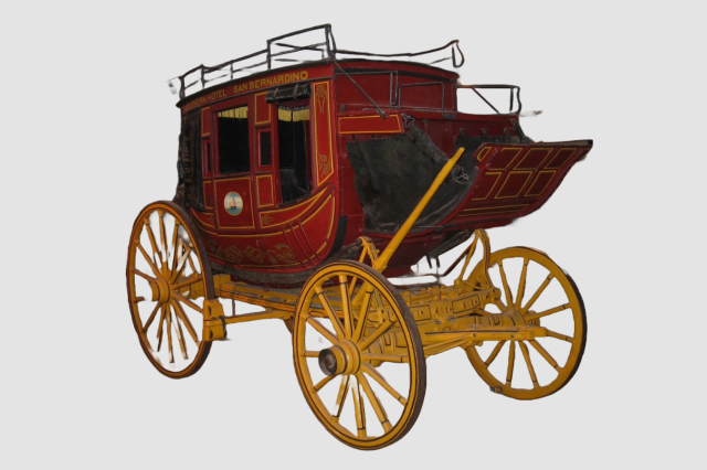 Red stage coach with yellow wheels and black interior